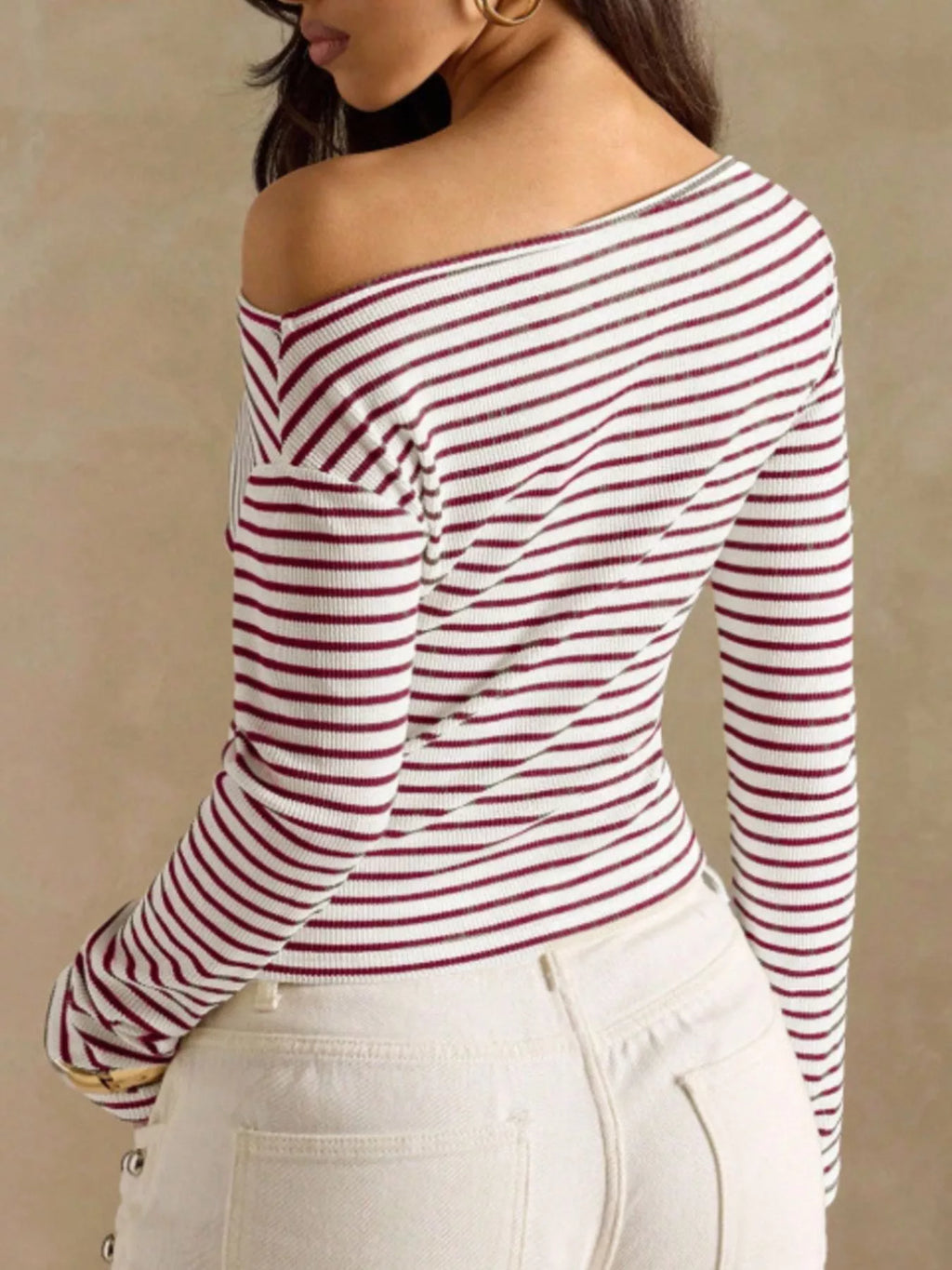 Off-Shoulder Striped Ribbed Long Sleeve T-Shirt