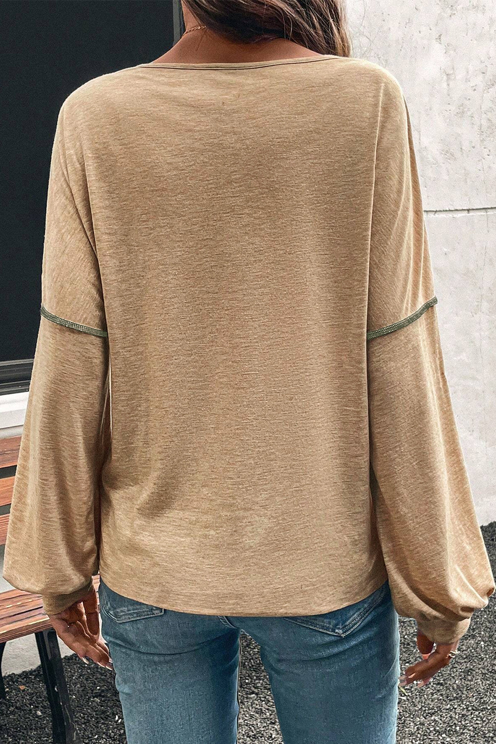 Jungle Green Exposed Stitching Colorblock V Neck Long Sleeve Top