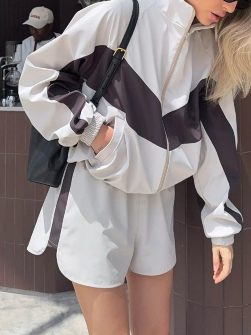 Color Block Zip Up Outerwear and Shorts Set