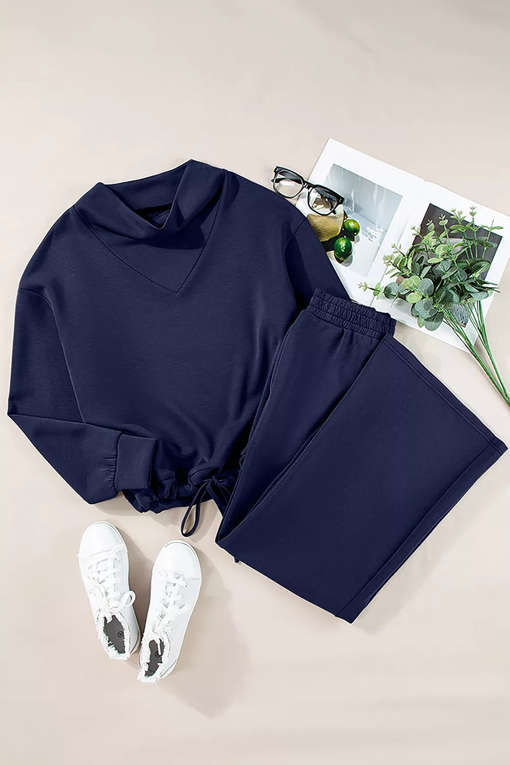 Solid Color Cowl Neck Drawstring Pullover Wide Leg Athleisure Pants Set