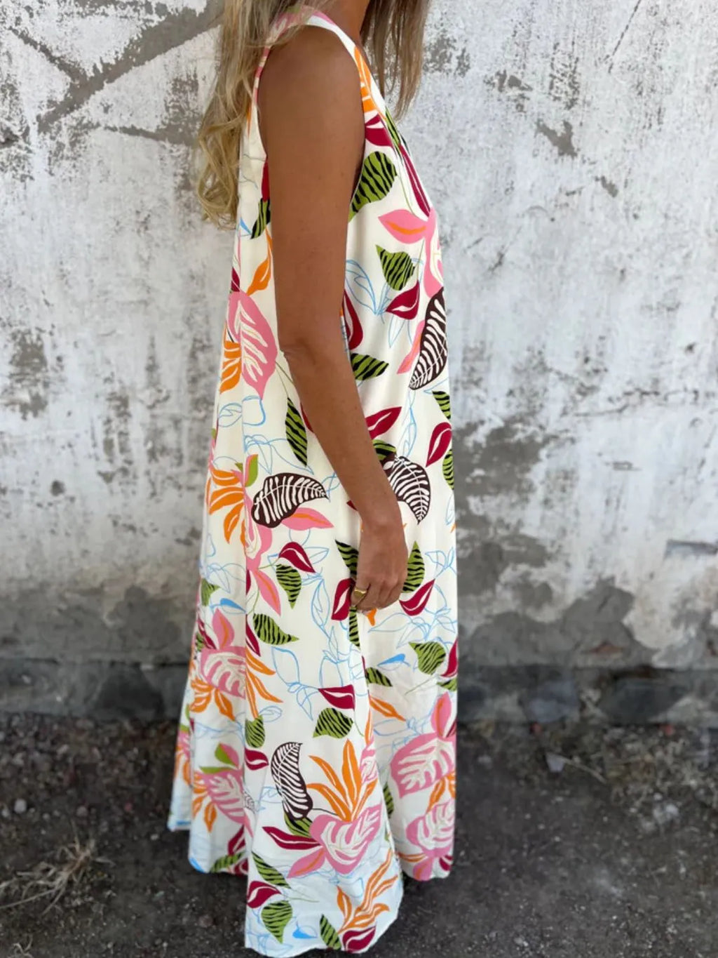 Full Size Printed V-Neck Sleeveless Dress Plus Size