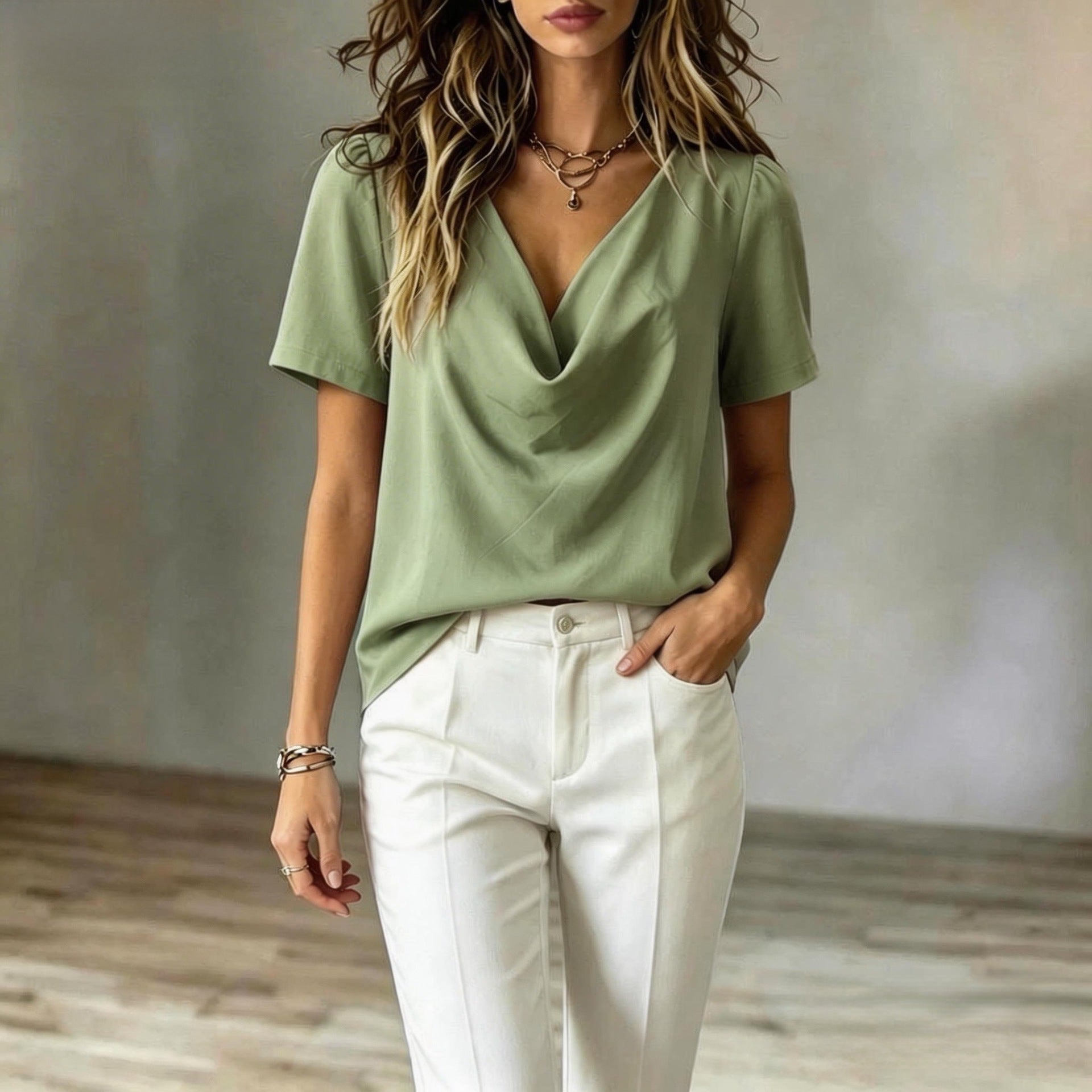 Womens V-neck Short-sleeve Loose-fit T-shirt Top