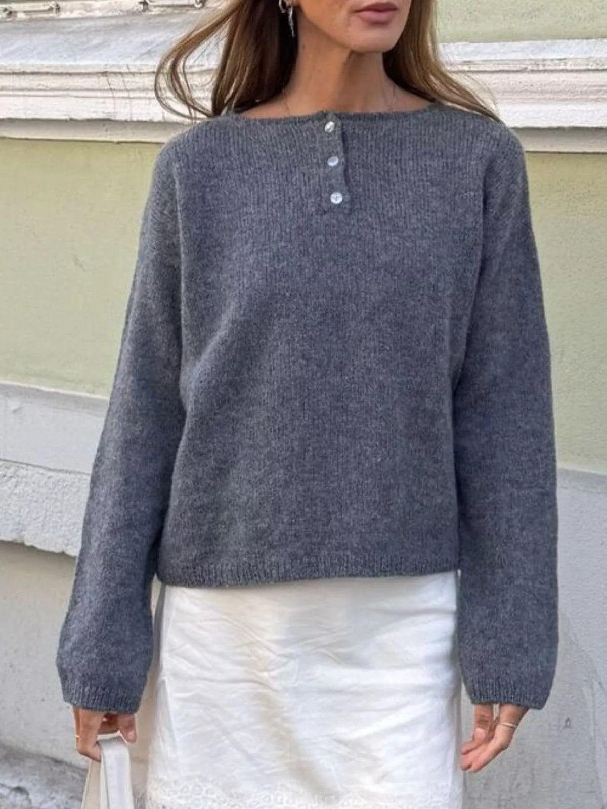 Button-Placket Round Neck Drop Shoulder Knit Top