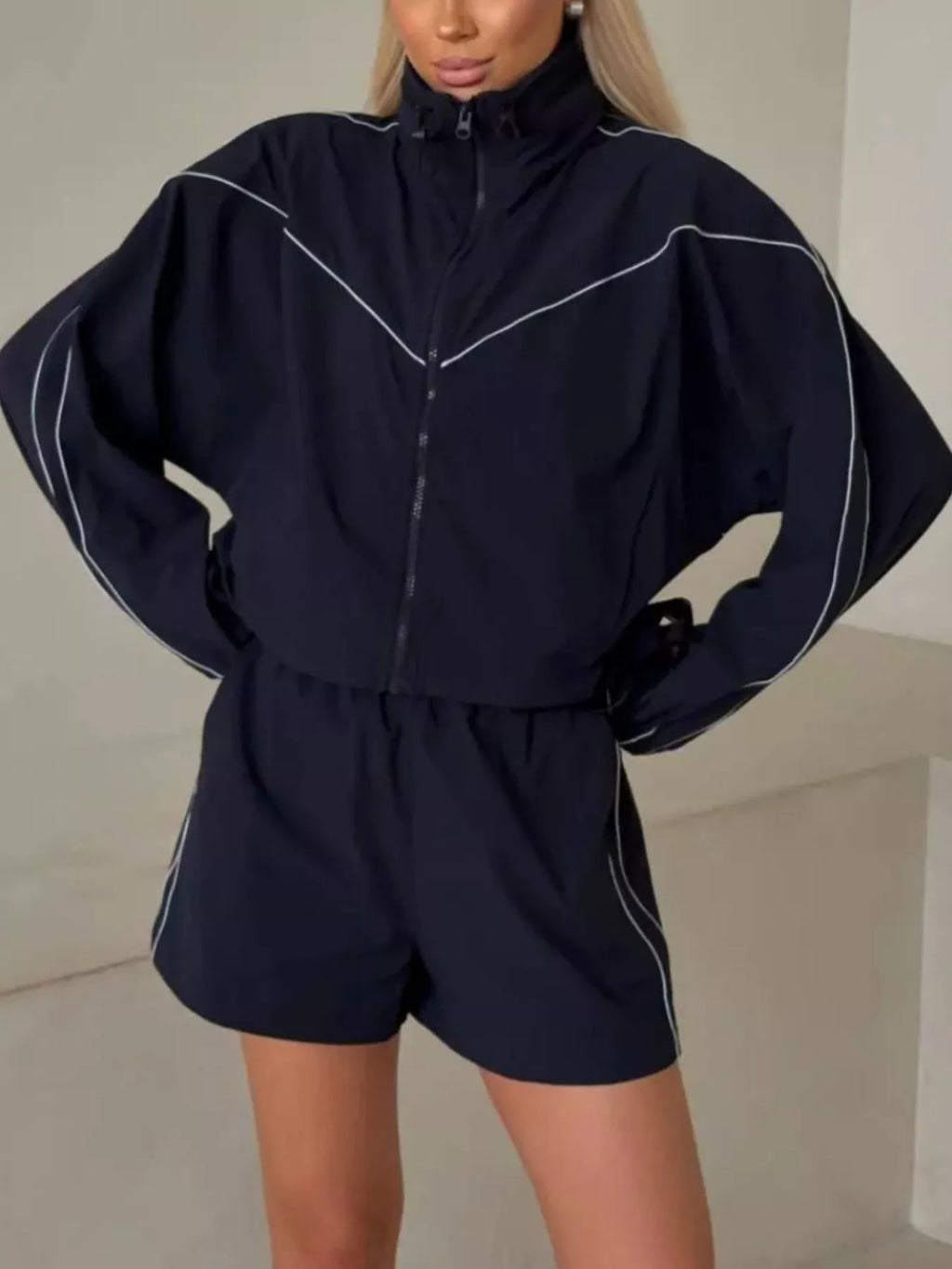 Drawstring Zip-Up Jacket and Shorts Set