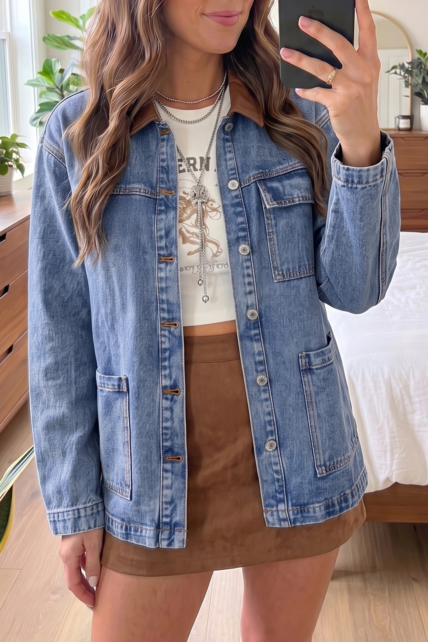 Sky Blue Patchwork Leather Collar Long Sleeve Denim Jacket