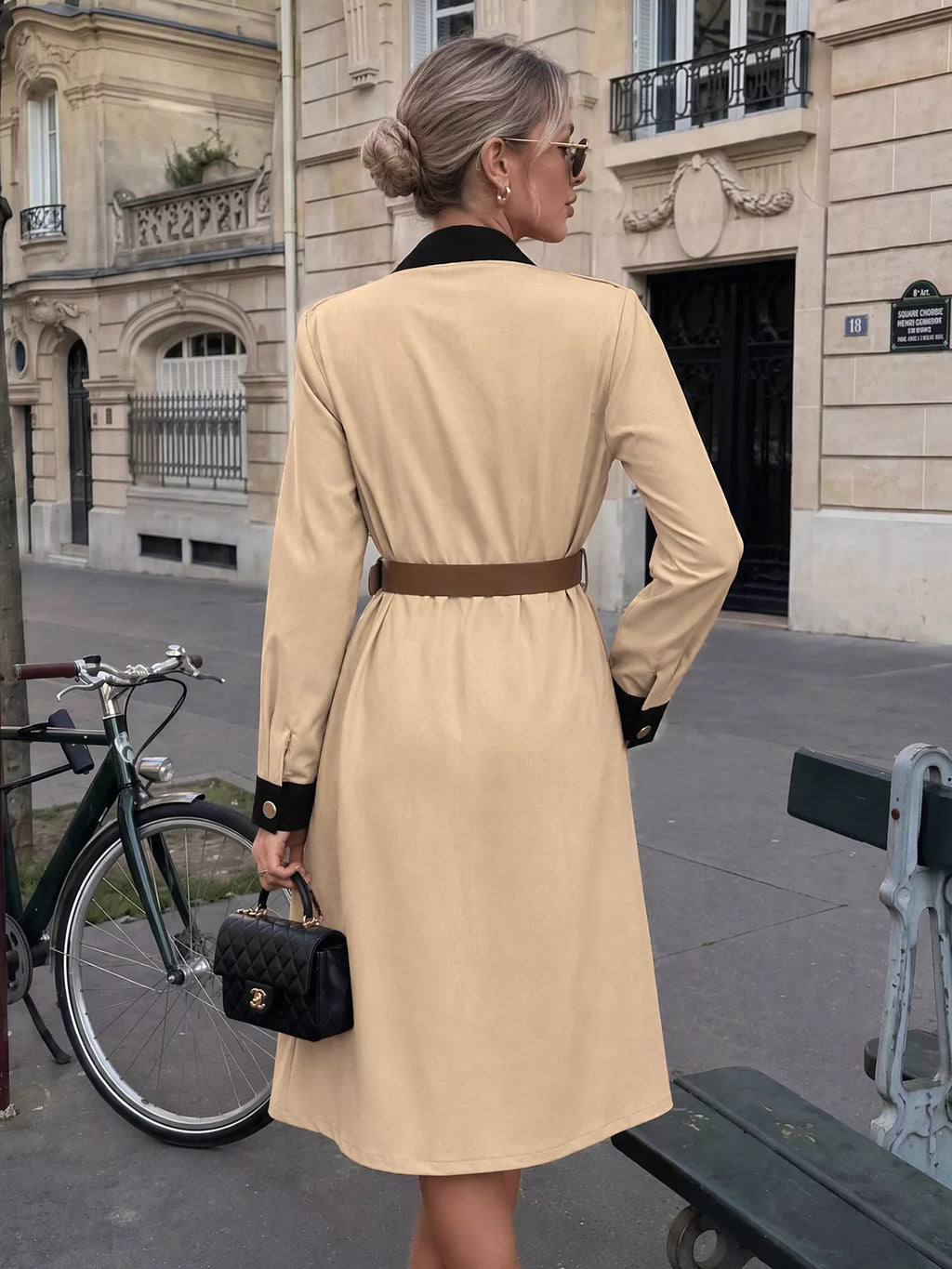 Contrast Lapel Button Front Midi Shirt Dress