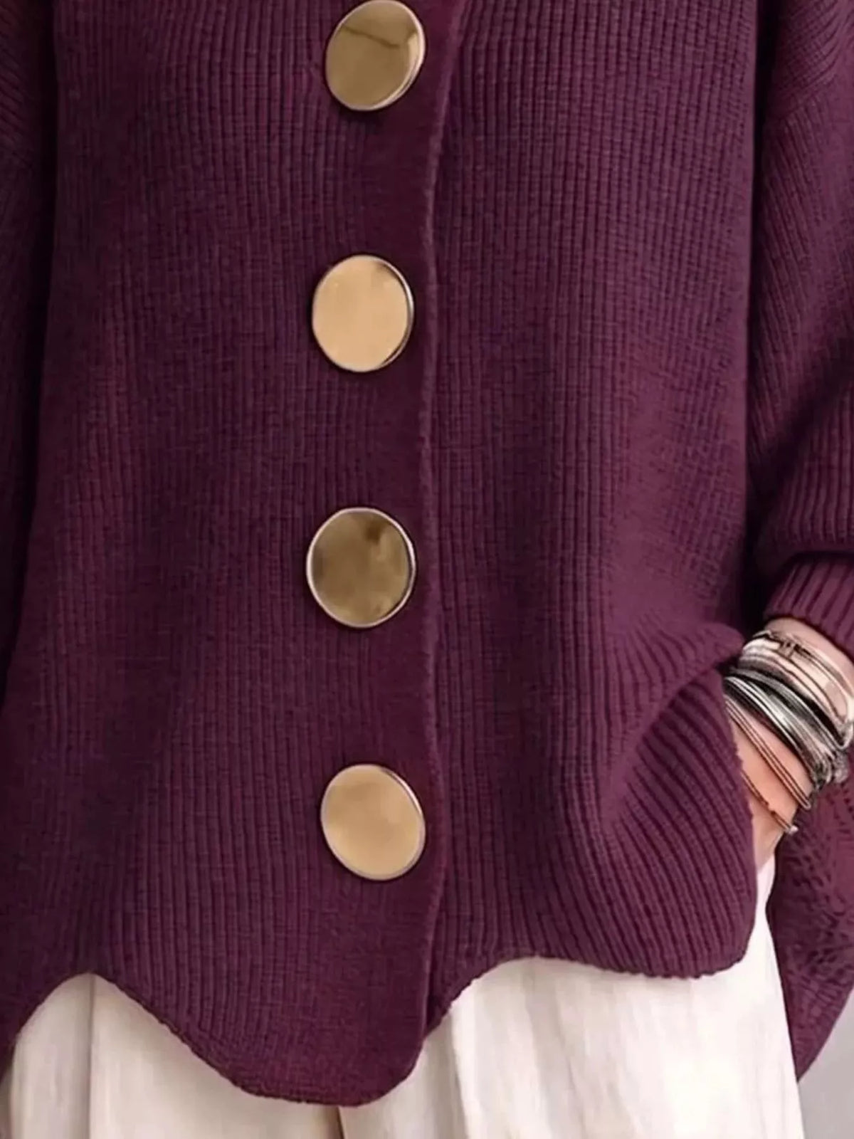 Full Size Gold Buttons Lantern Sleeve Cardigan Plus Size