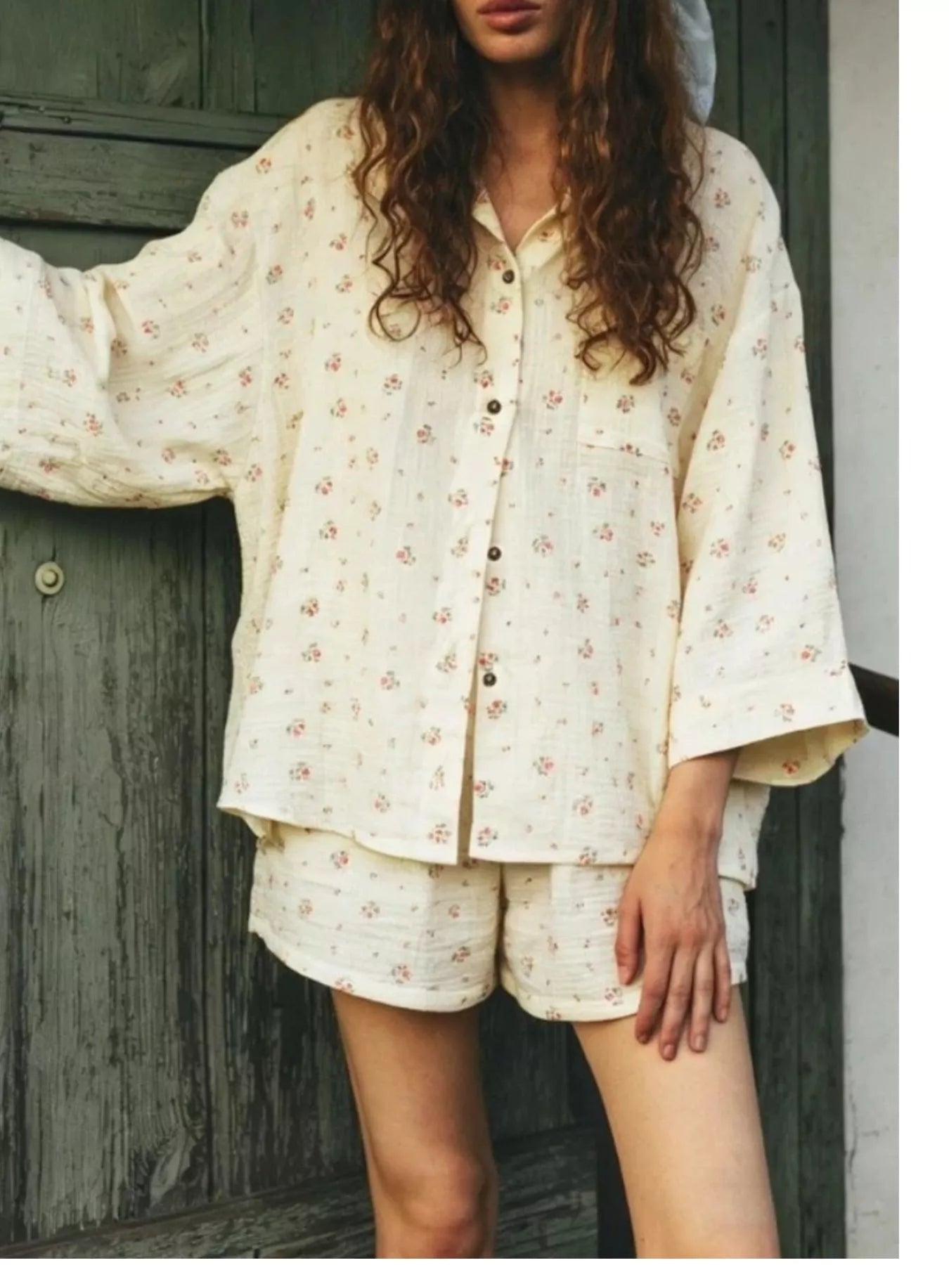 Floral Print Button Up Top and Shorts Set