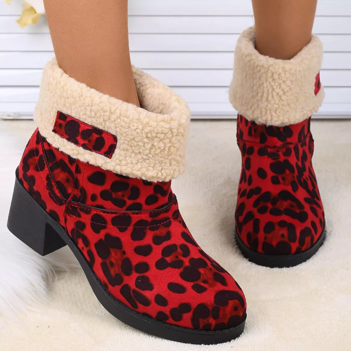 Plush Cuff Block Heel Boots