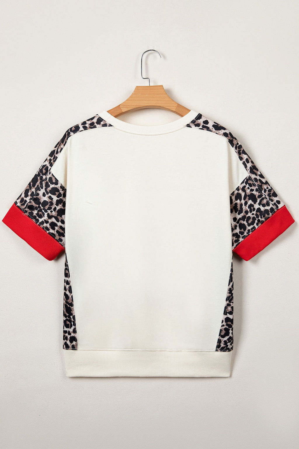 Beige Leopard Block Patchwork Uneven Hem Short Sleeve Top