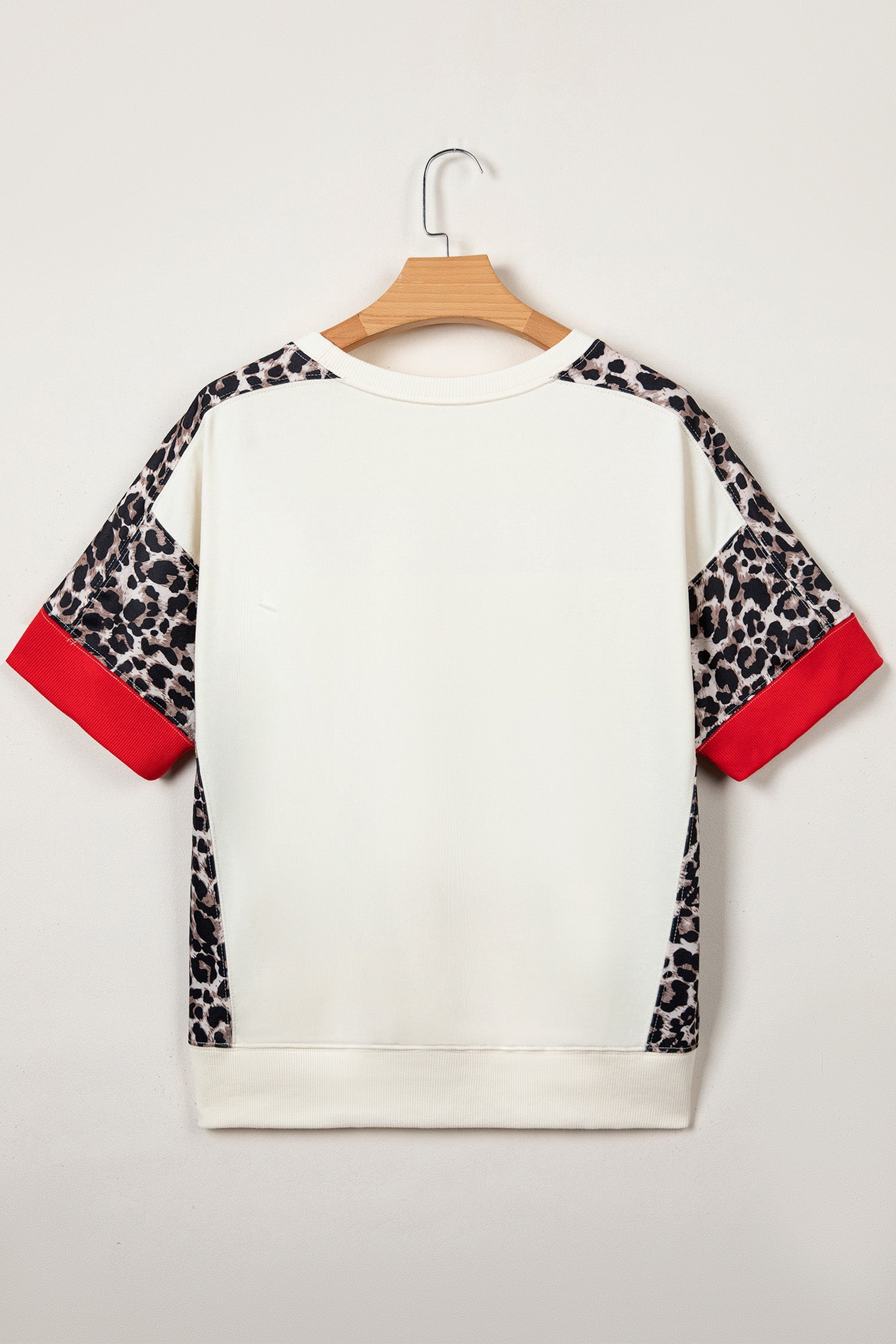 Beige Leopard Block Patchwork Uneven Hem Short Sleeve Top