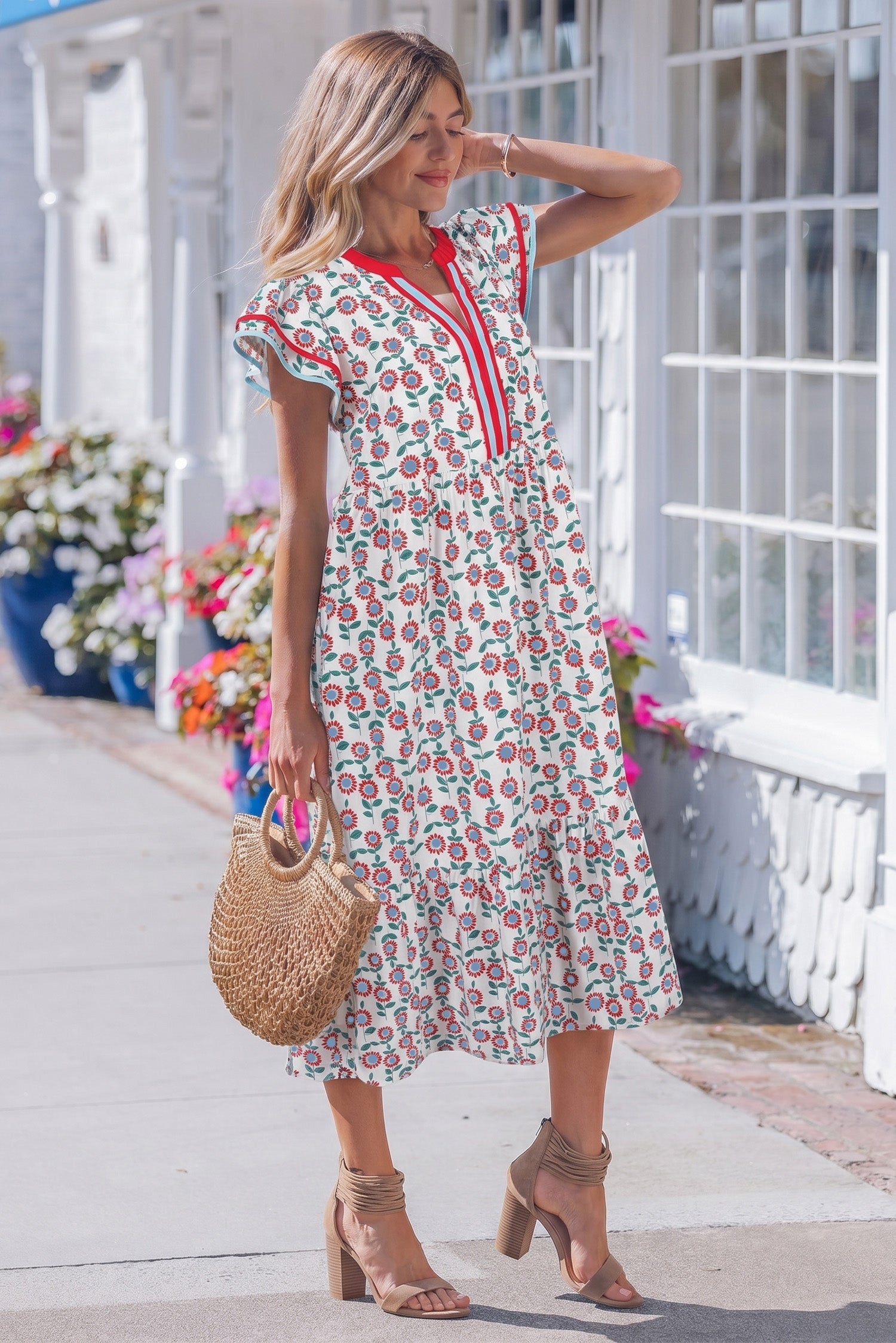 Red Cute Sunflower Printed Striped Patchwork Trim Flutter Sleeve Long Dress