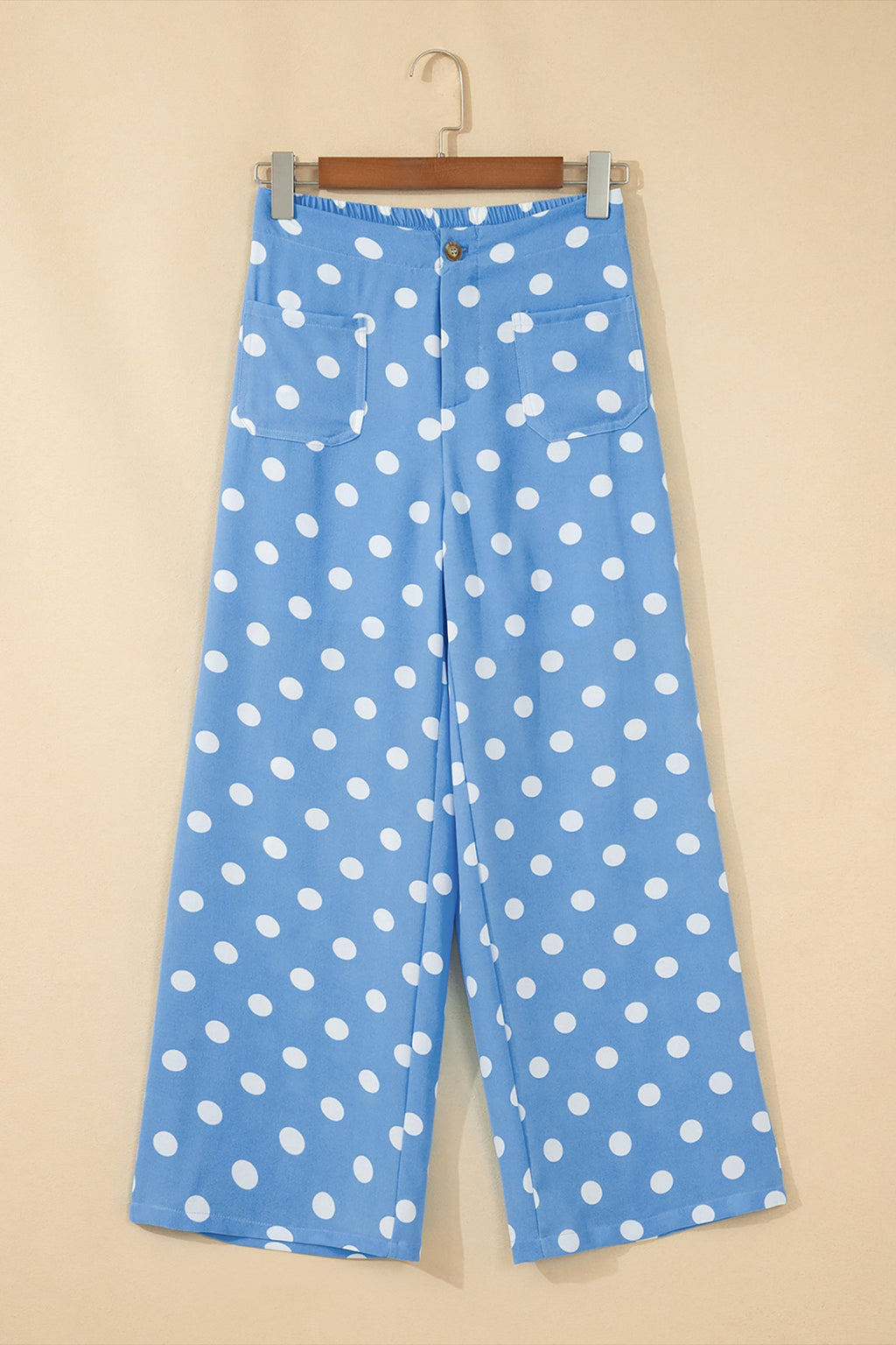 Sky Blue Polka Dot Print Patched Pocket Mid-rise Straight Leg Pants