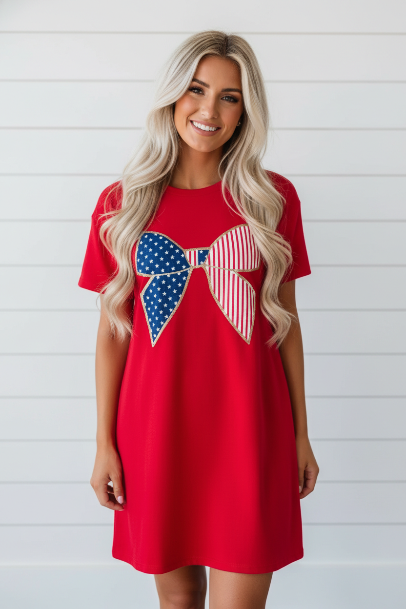 Stars & Stripes Bow Sequin Trim Mini Dress
