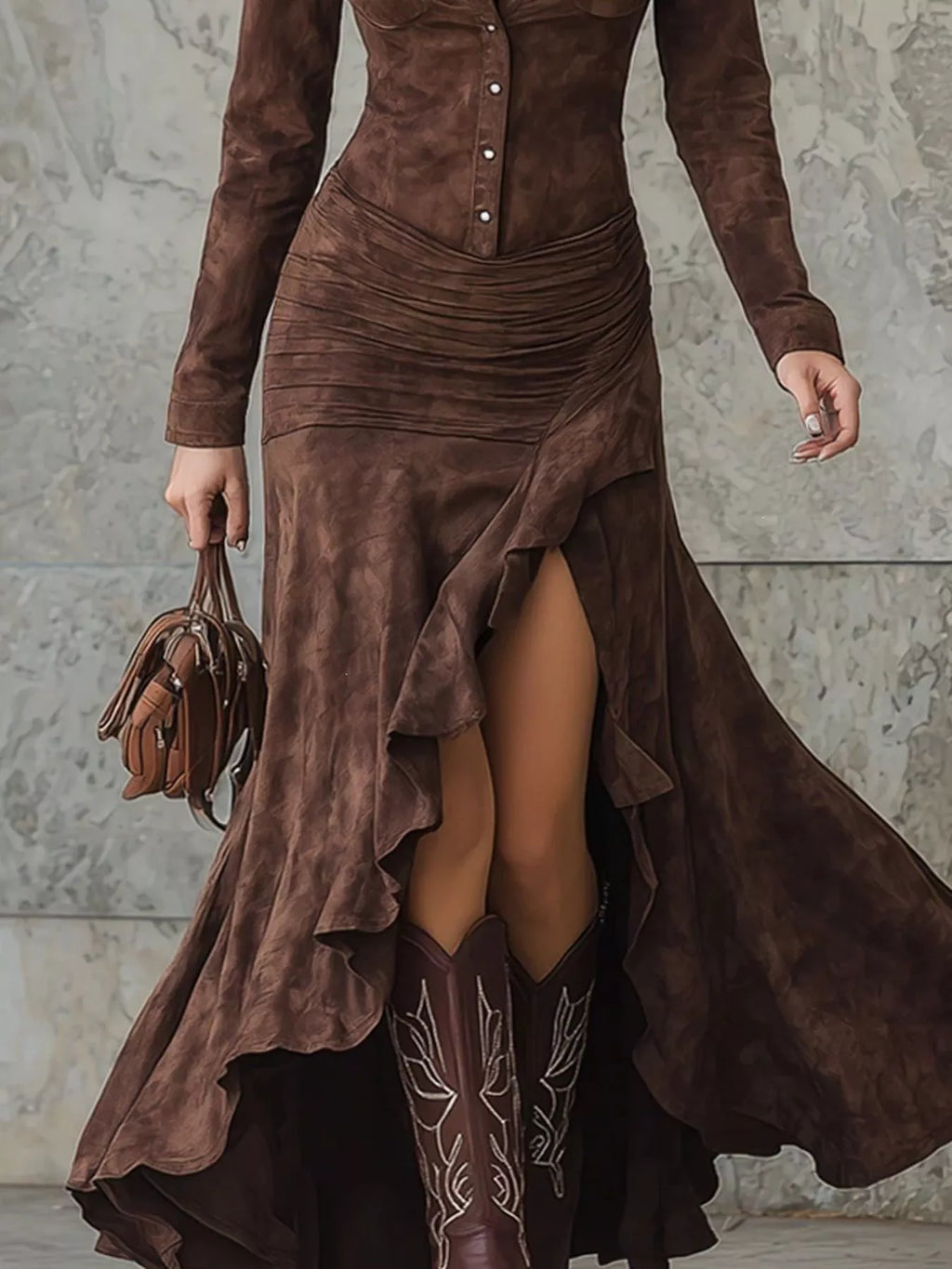 Full Size High-Low Long Sleeve Maxi Dress Plus Size