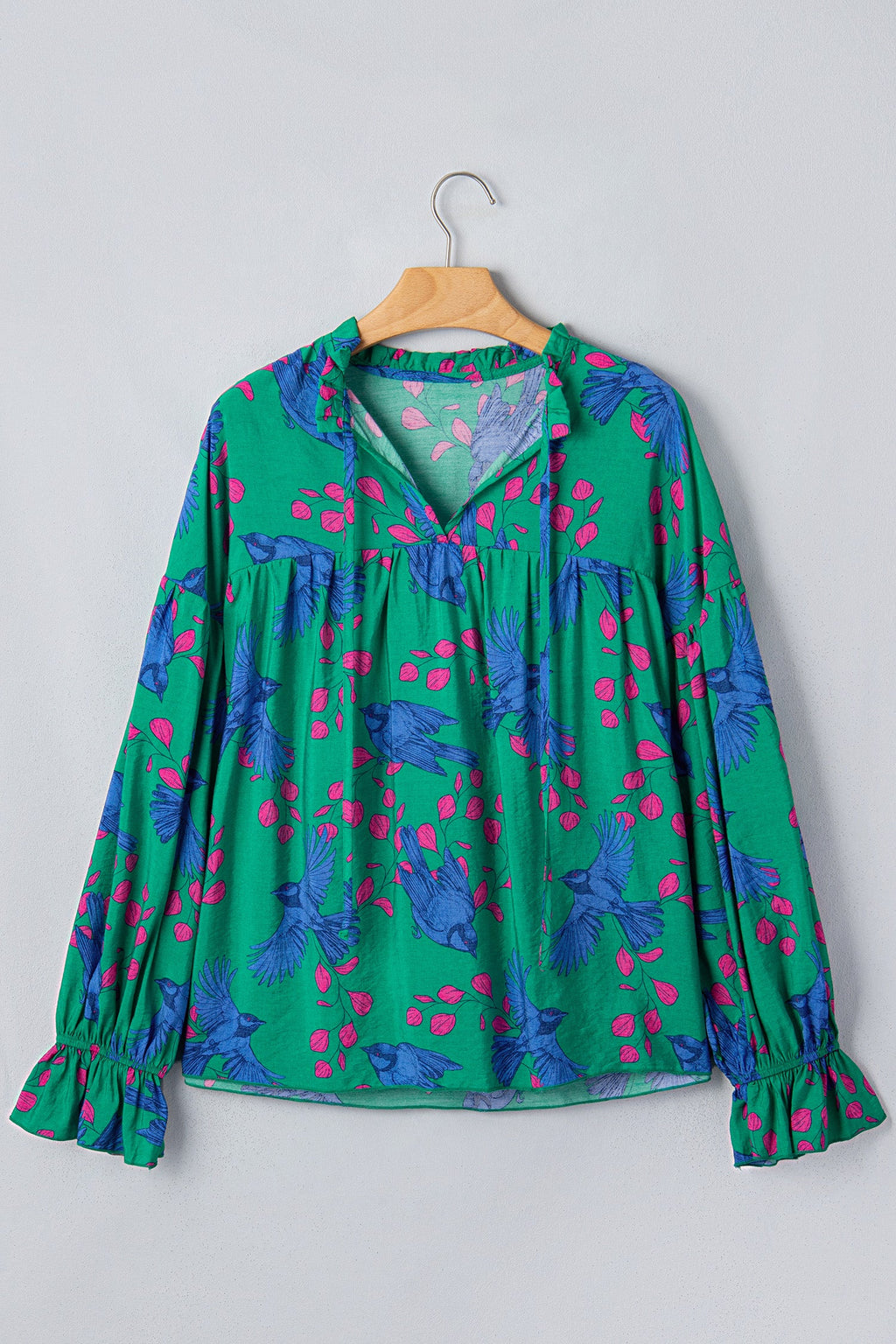 Green Abstract Print V Neck Flounced Puff Sleeve Blouse