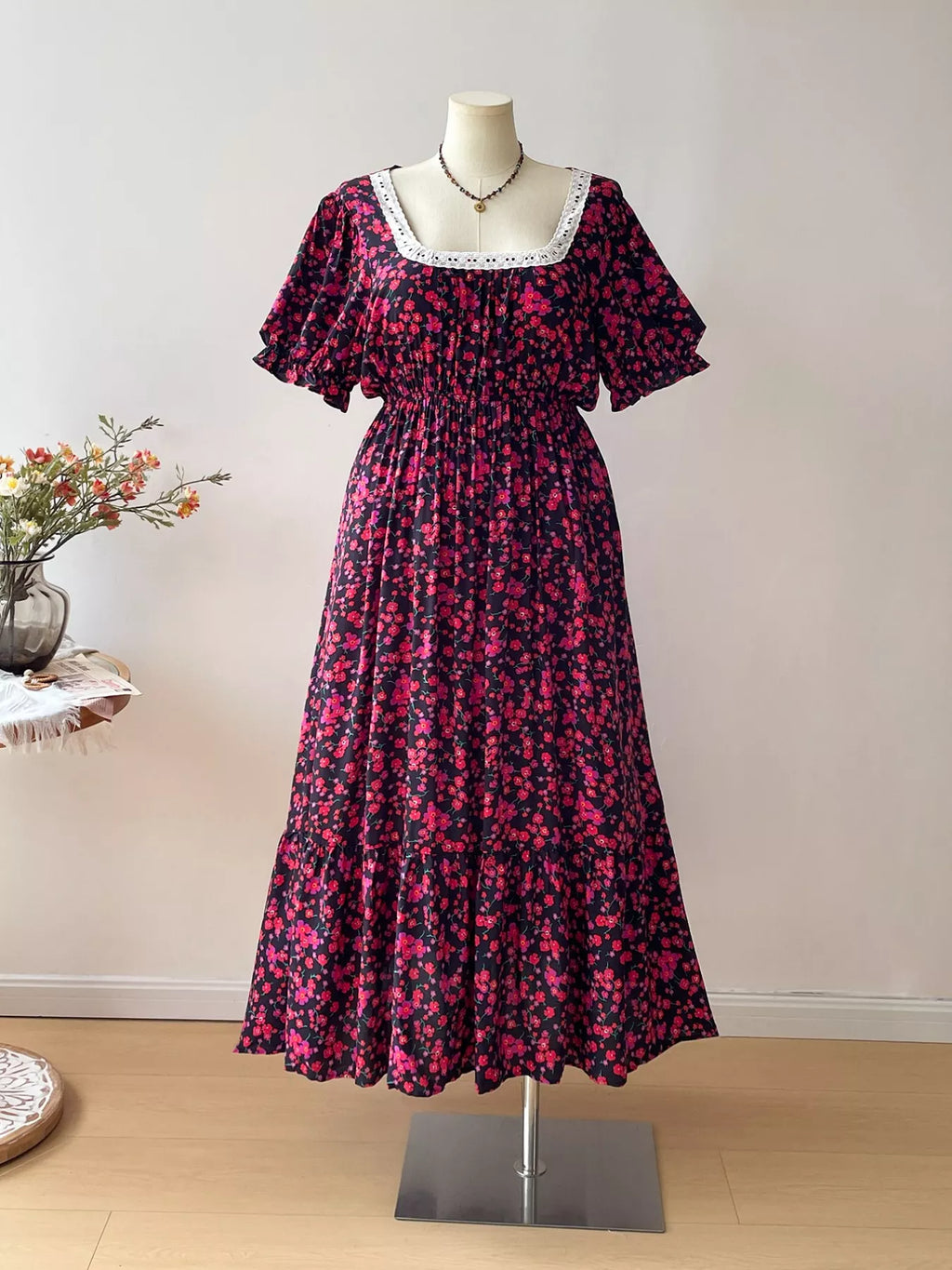 Floral Square Neck Short Sleeve Dress