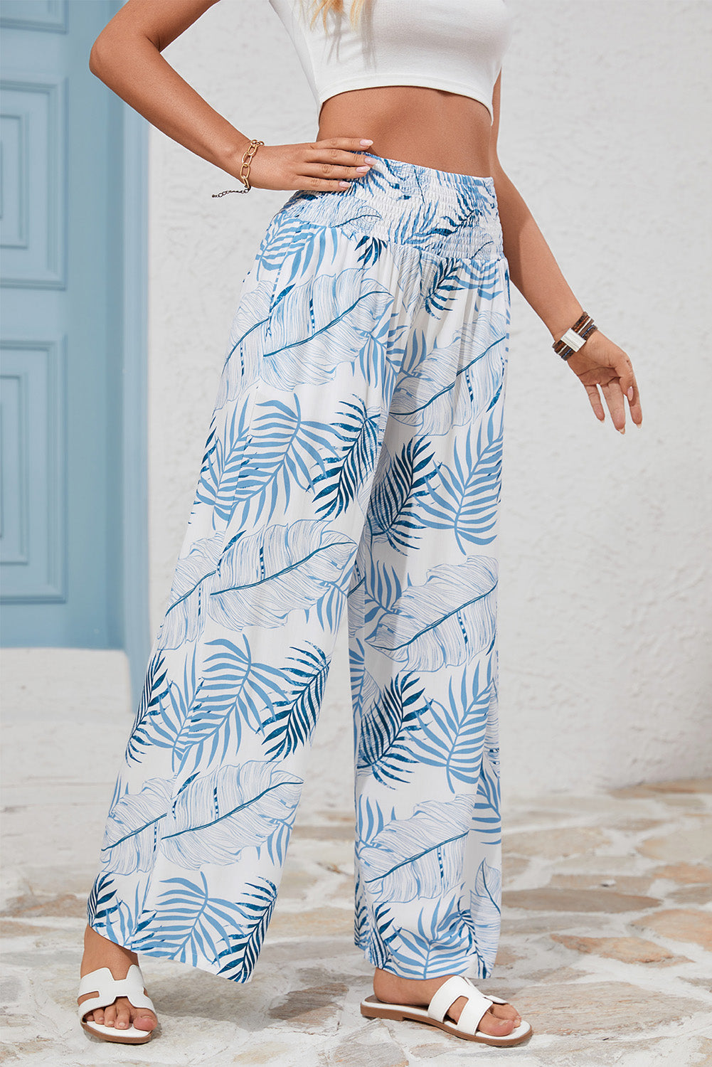 Sky Blue Botanic Print Shirred Waistband Wide Leg Pants