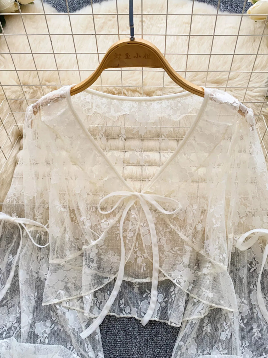Sheer Lace Tie Front Flounce Sleeve Top