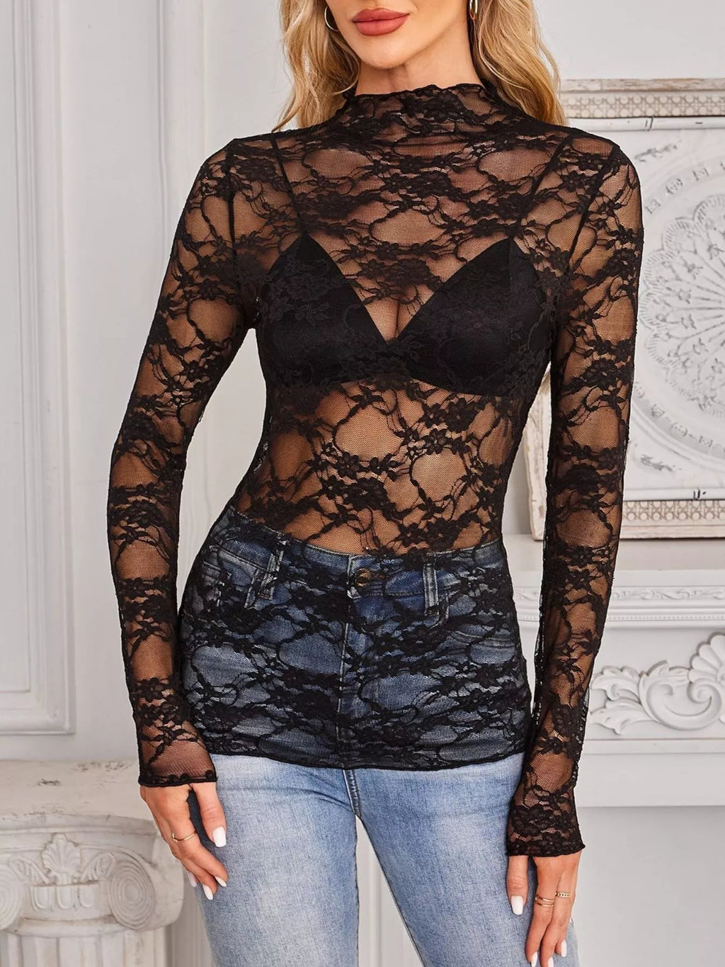 Sheer Floral Lace Long Sleeve Top