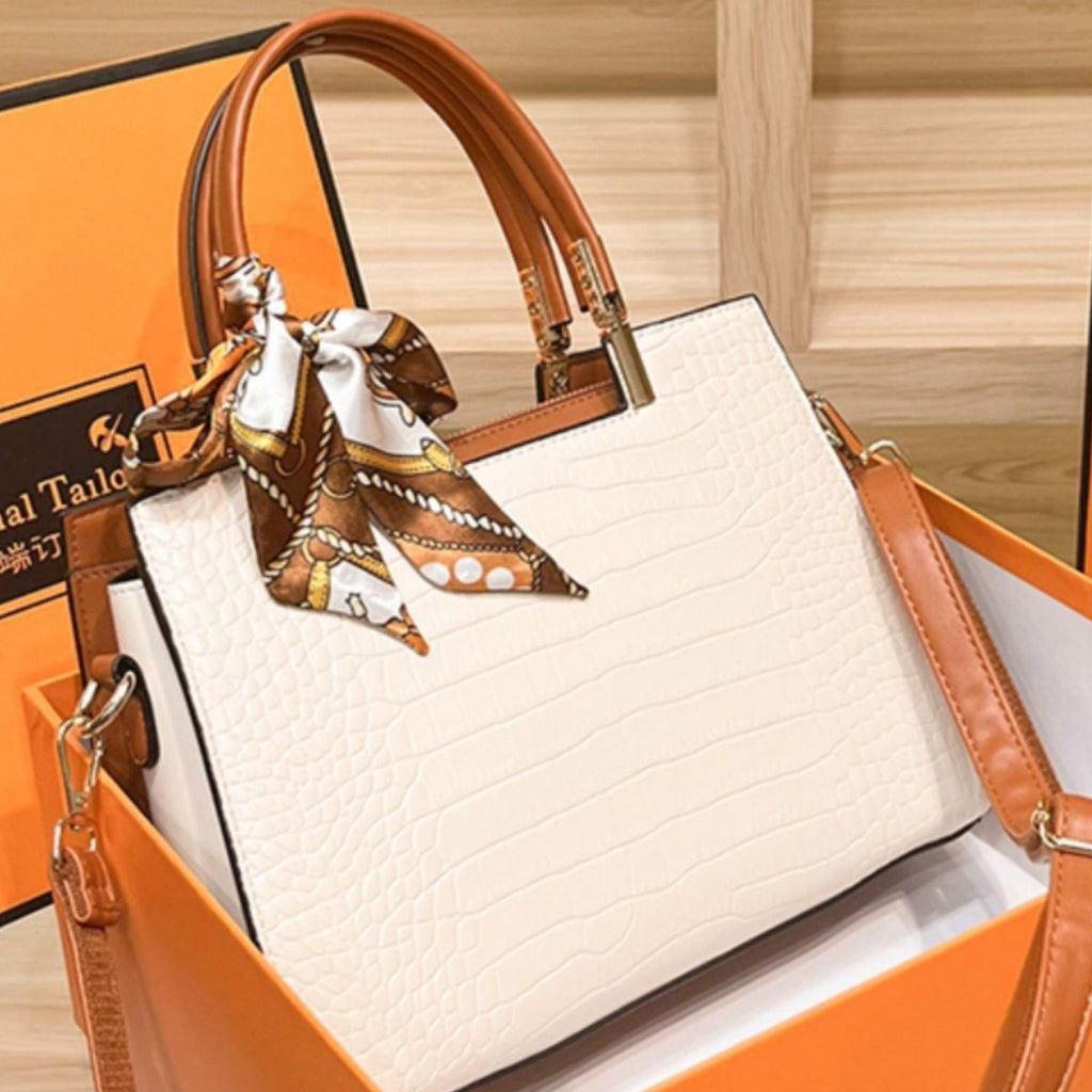 Crocodile Embossed Top Handle Handbag with Scarf