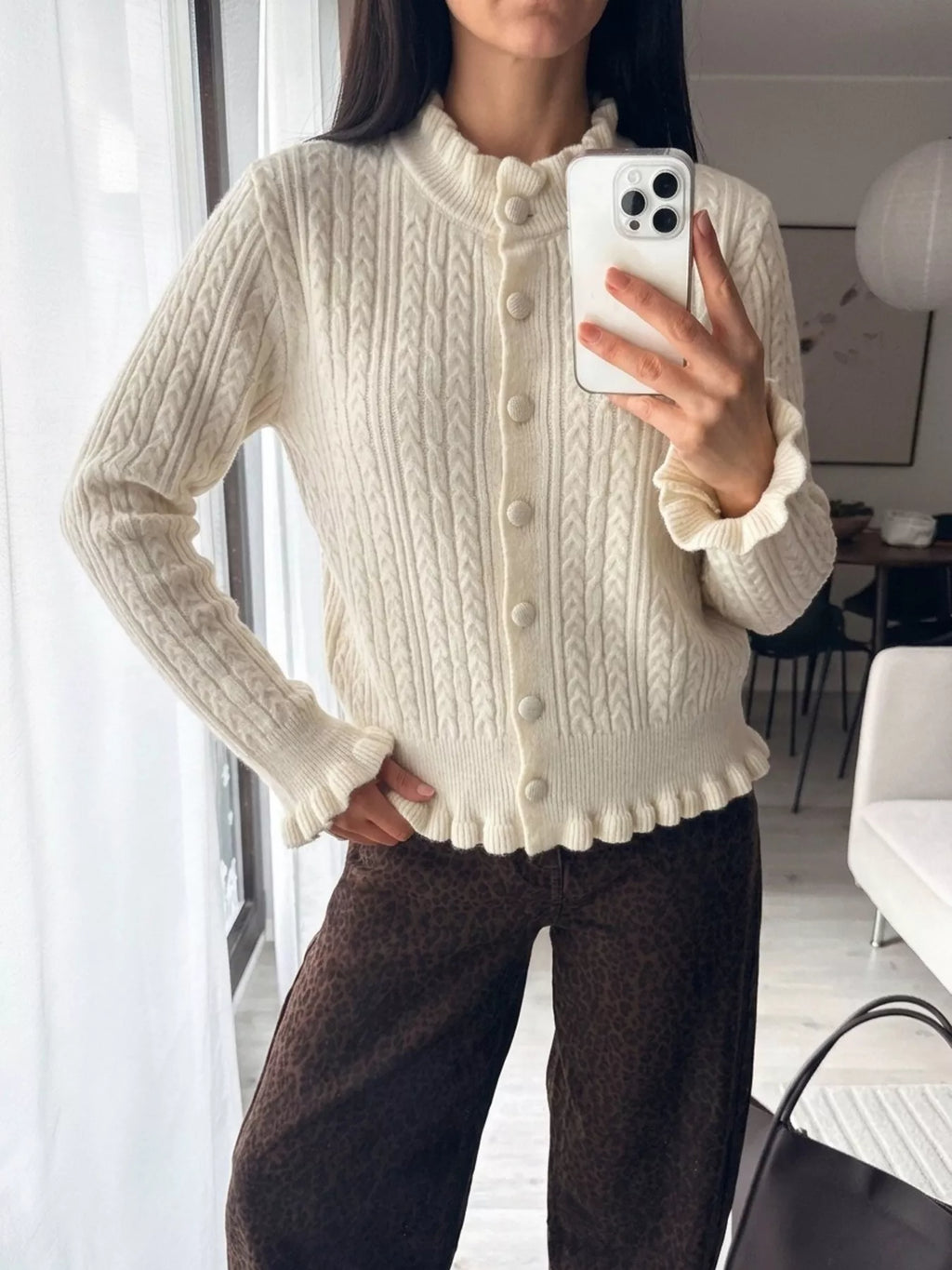 Cable-Knit Ruffle-Trim Cardigan