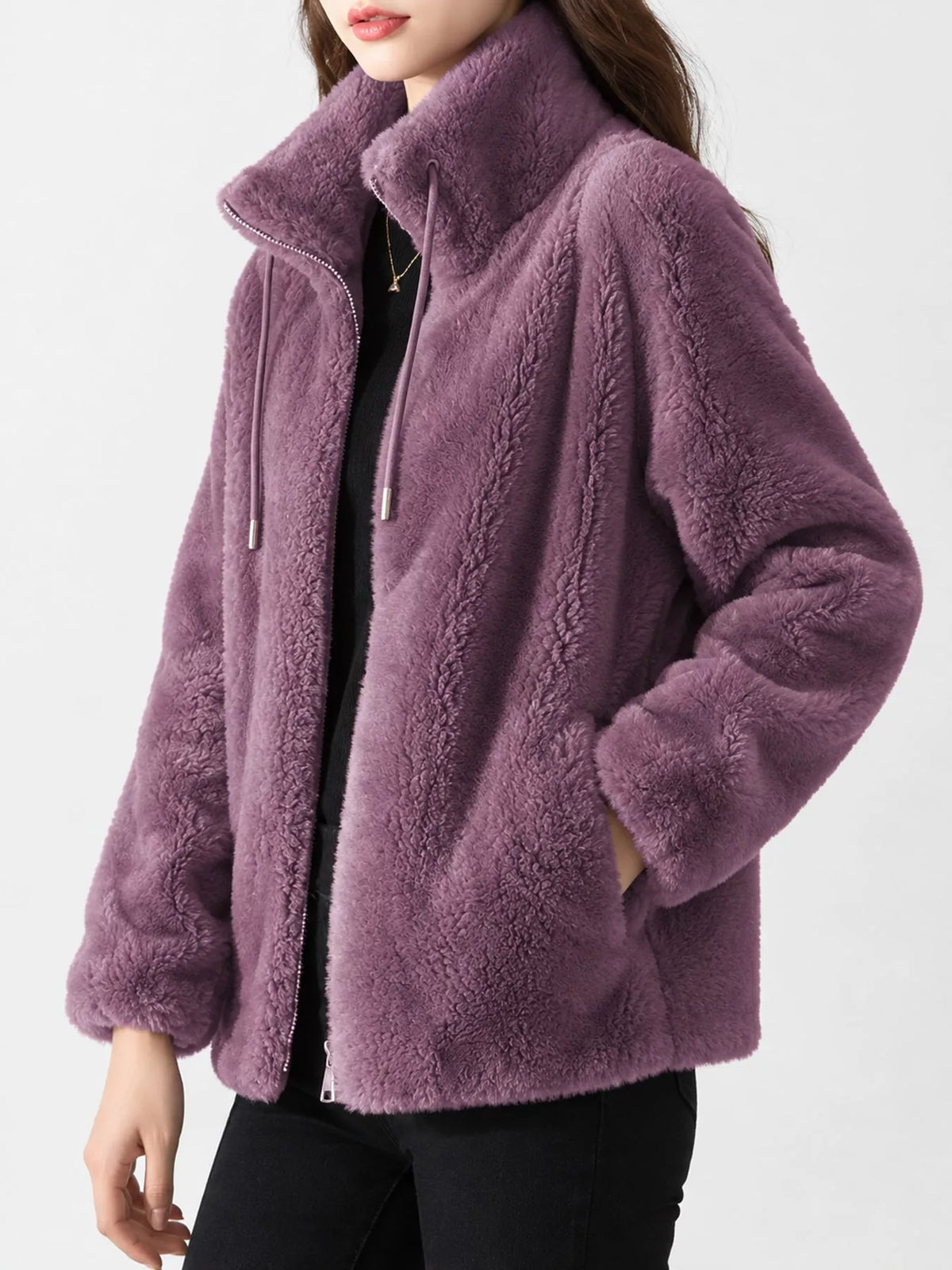 Full Size Drawstring Faux Fur Stand-Collar Zip-Up Outerwear Plus Size