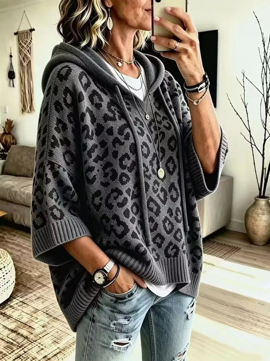 Drawstring Leopard Hooded Sweater