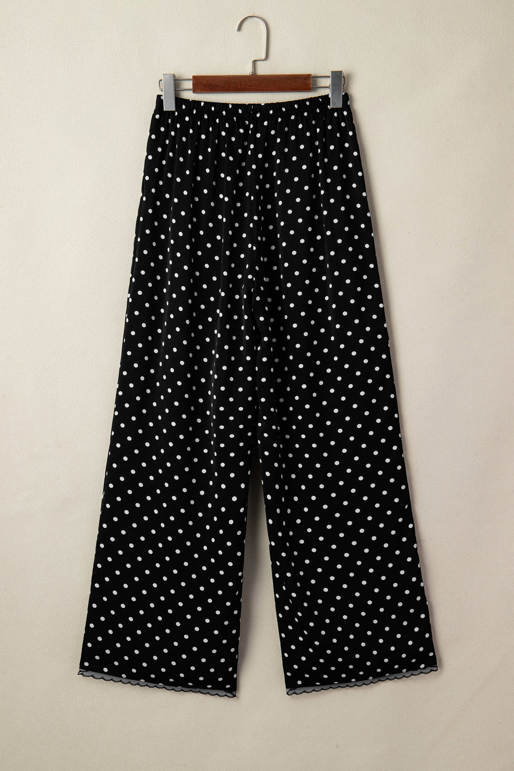 Black Polka Dot Print Elastic Waist Lace Hem Loose Pants