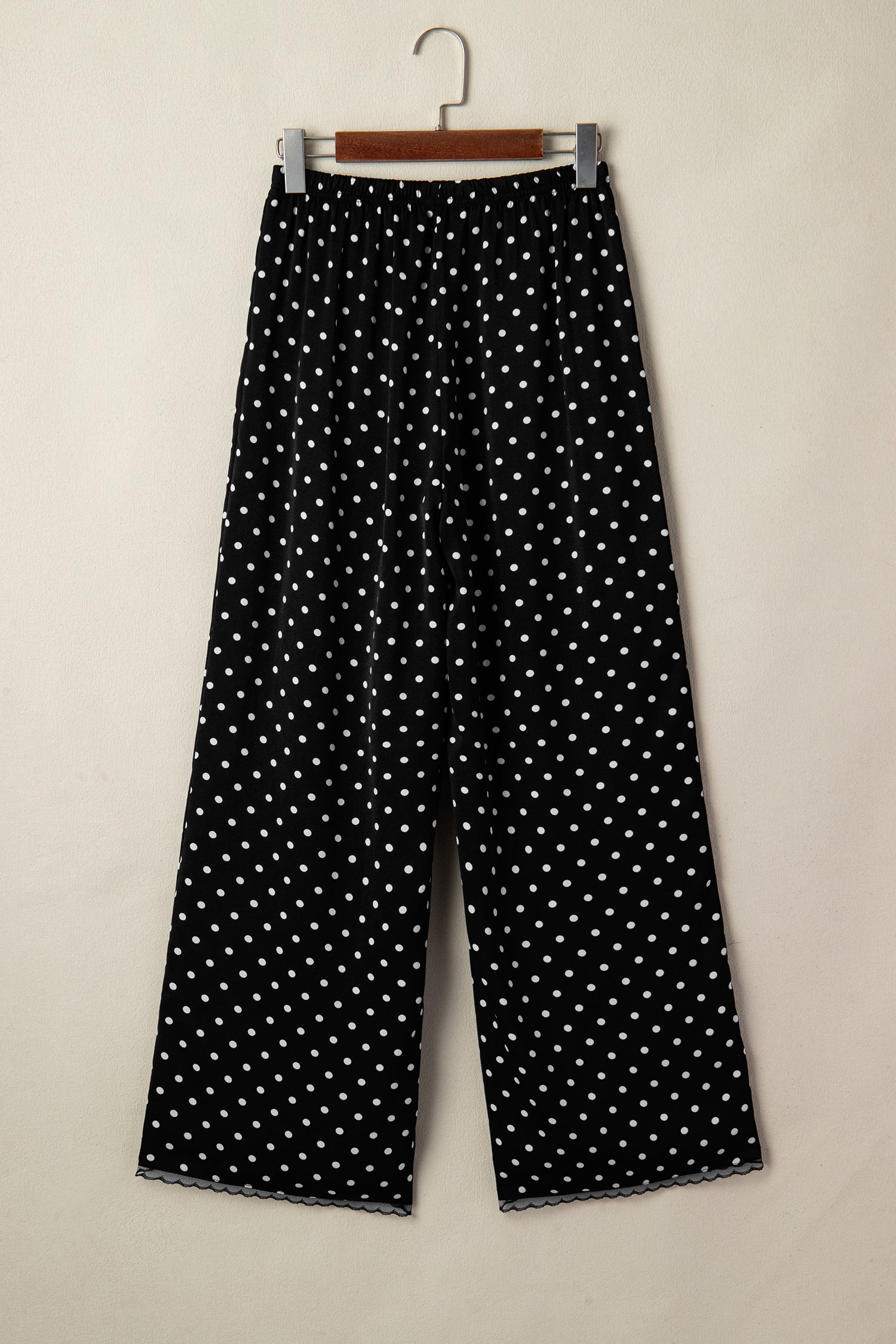 Black Polka Dot Print Elastic Waist Lace Hem Loose Pants