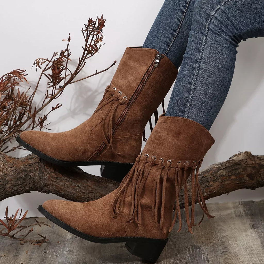 Fringe Western Block Heel Boots