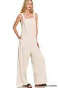 Waffle Knit Wide Leg Overalls with Pockets