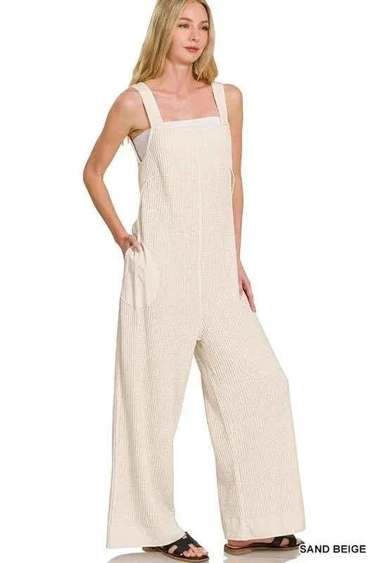 Waffle Knit Wide Leg Overalls with Pockets