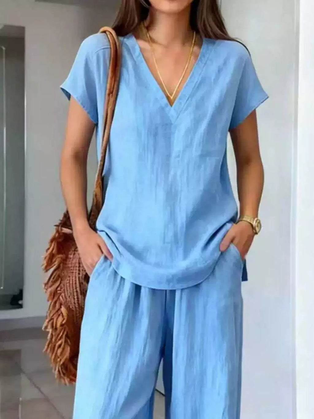 Full Size V-Neck Short Sleeve Top and Pants Set Plus Size