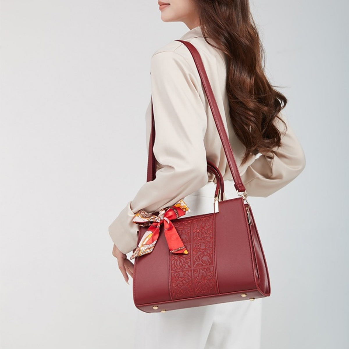 Embossed Leather Top Handle Handbag