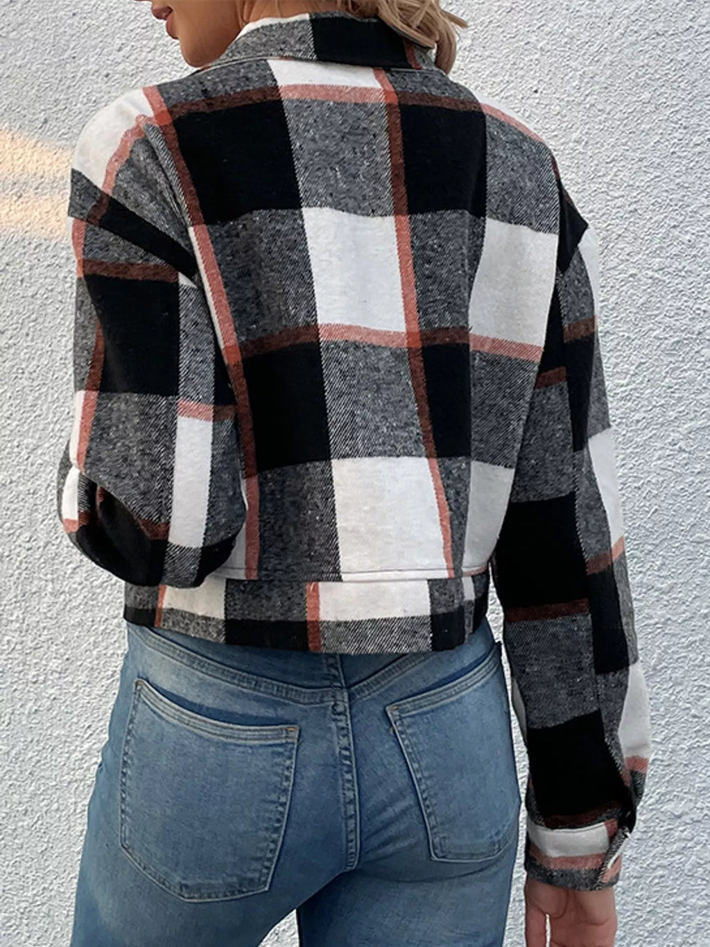 Plaid Button-Front Cropped Jacket