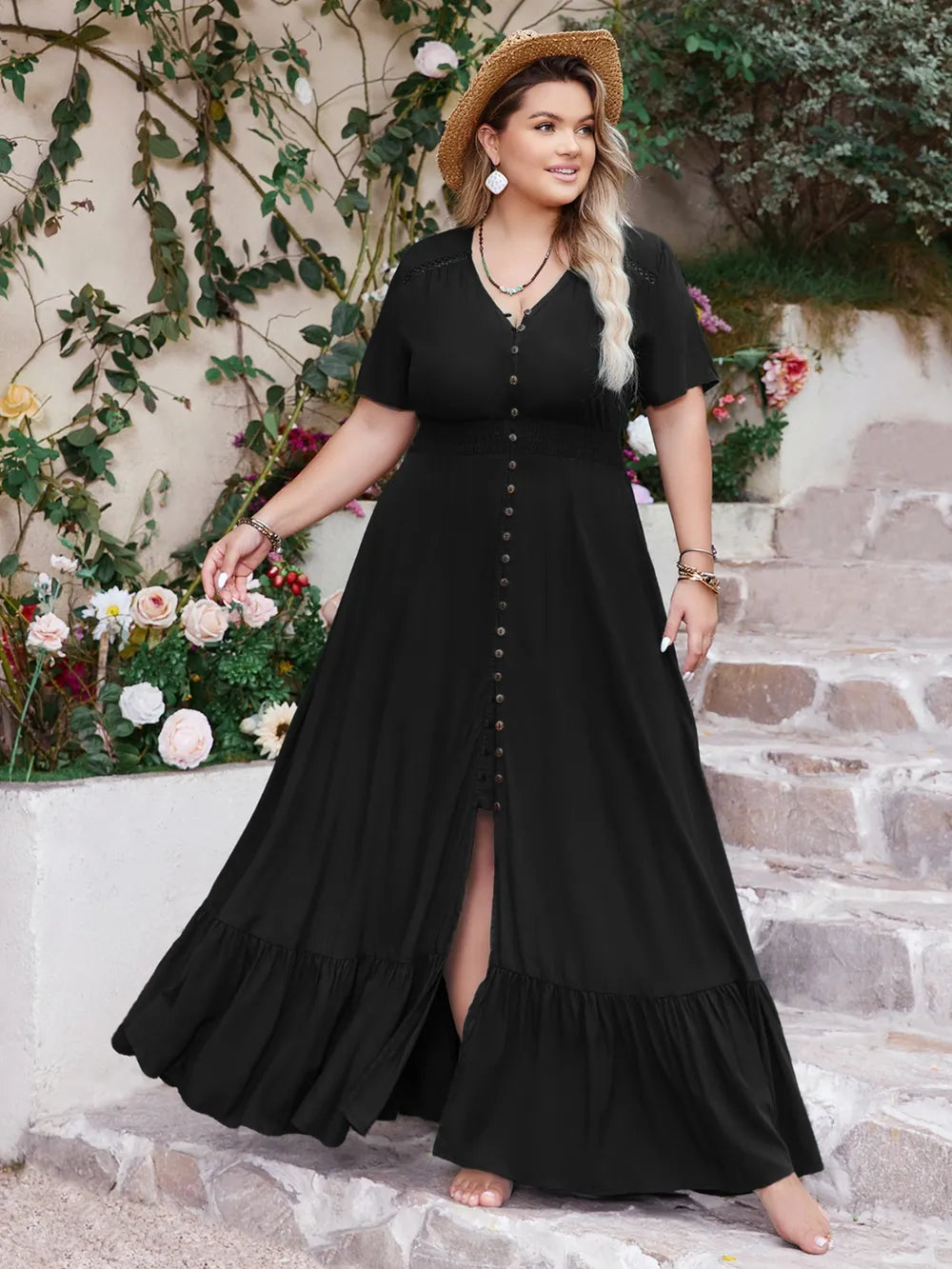 Ruffled Hem Button Down V-Neck Short Sleeve Maxi Dress