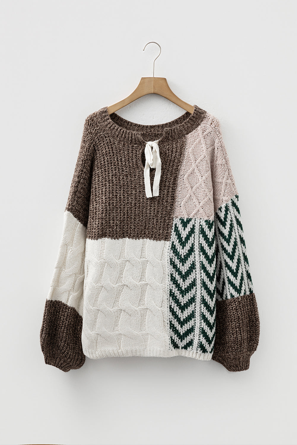 Colorblock Cable Knit Patchwork Tied Back Sweater