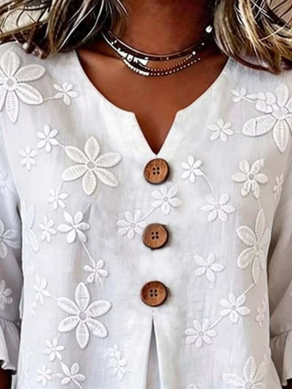Full Size Floral Button Decor 3/4 Sleeve Blouse Plus Size