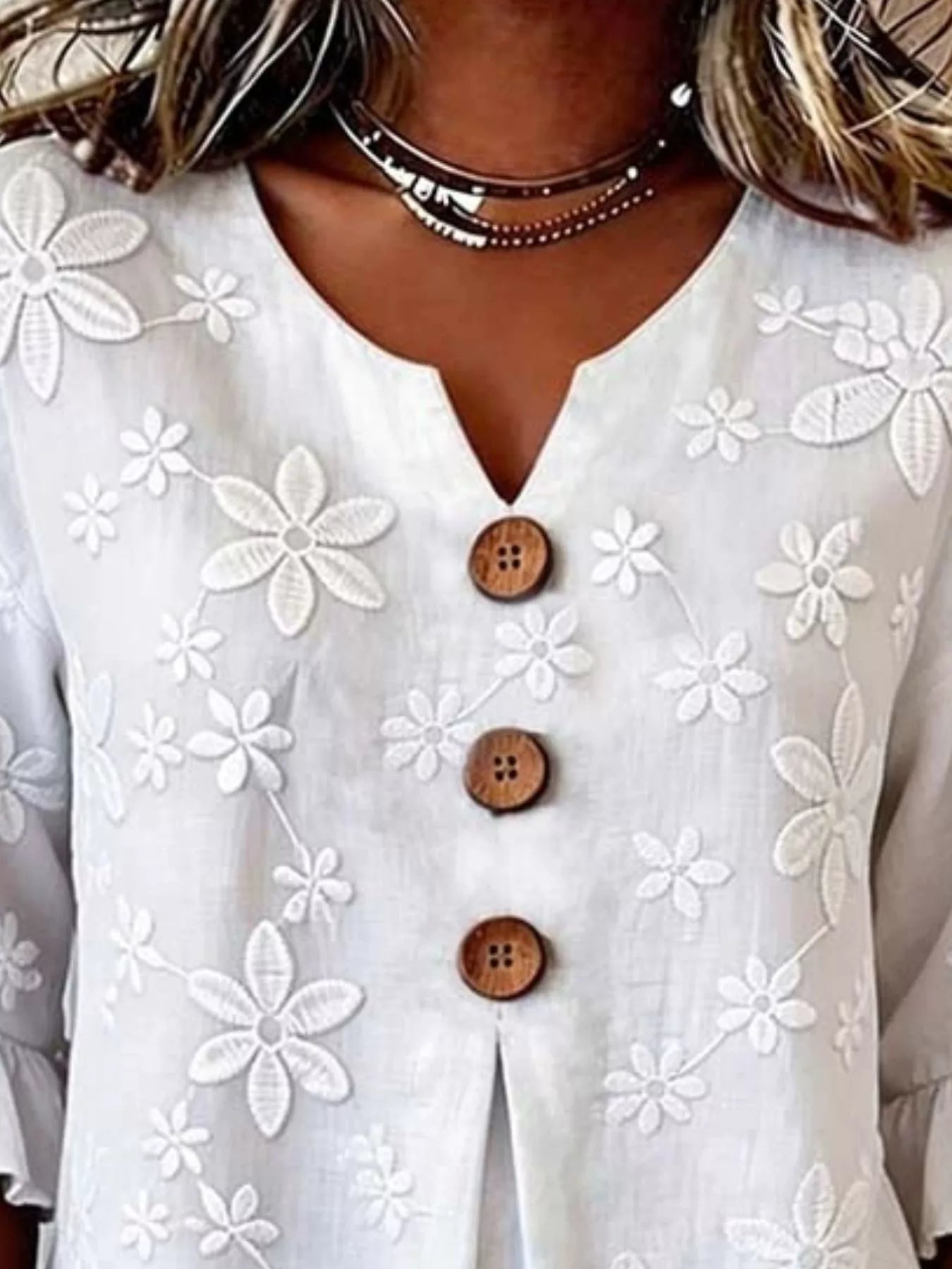 Full Size Floral Button Decor 3/4 Sleeve Blouse Plus Size