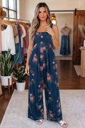 Blue Beau Floral Print Pleated High Waist Wide Leg Denim Jumpsuit