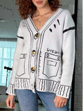 Contrast Graphic V-Neck Button-Down Cardigan