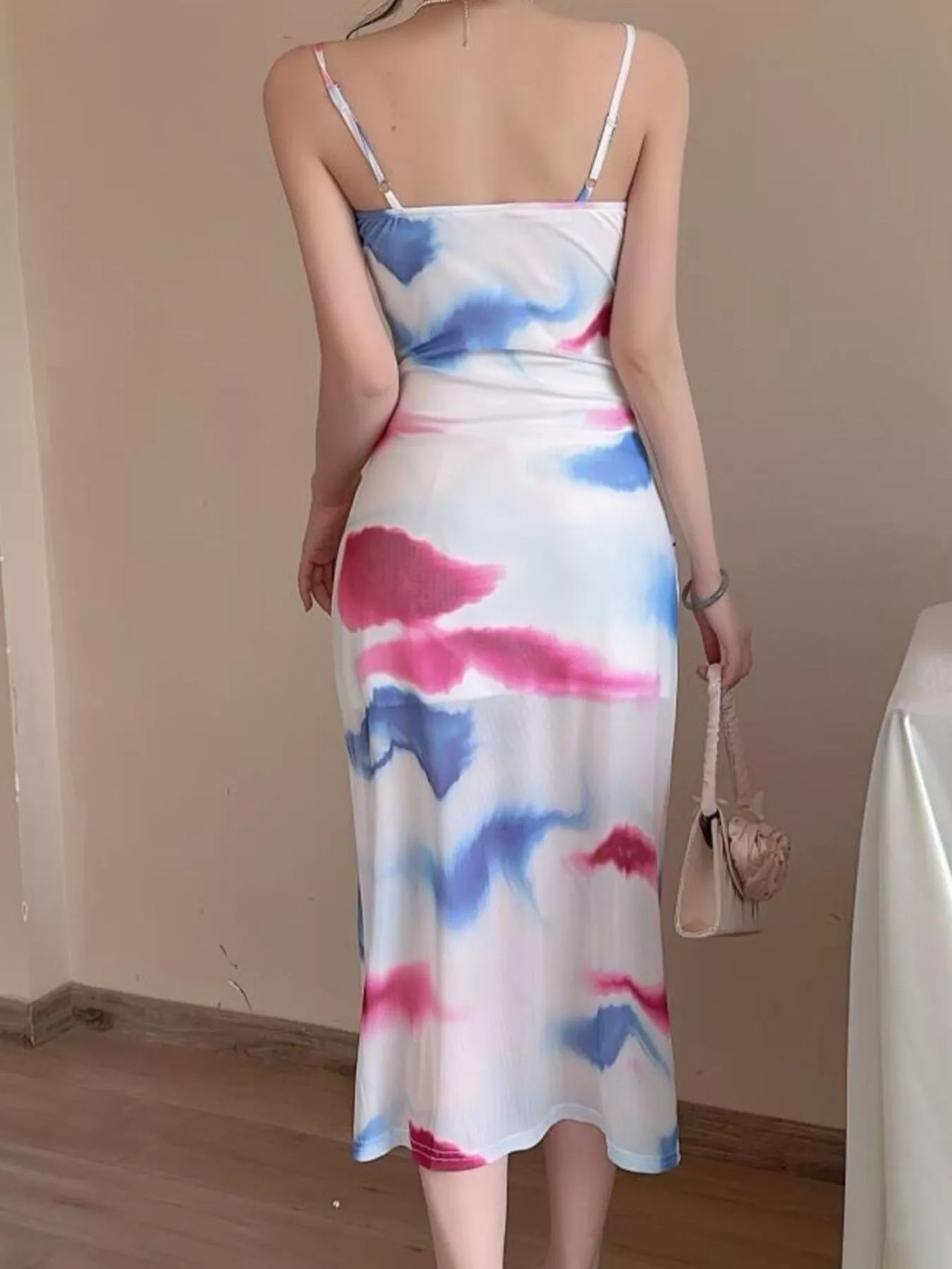 Abstract Watercolor Print Ruched Midi Dress