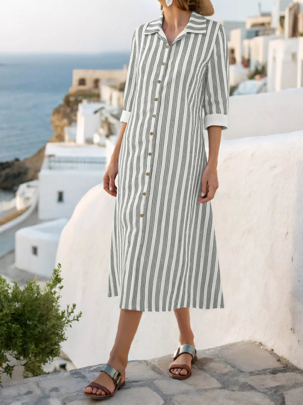 Striped Button Front Midi Dress