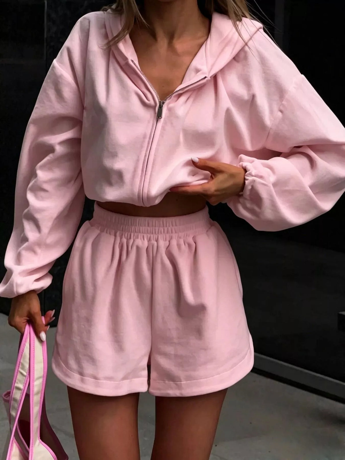 Zip Up Crop Hoodie and Shorts Set