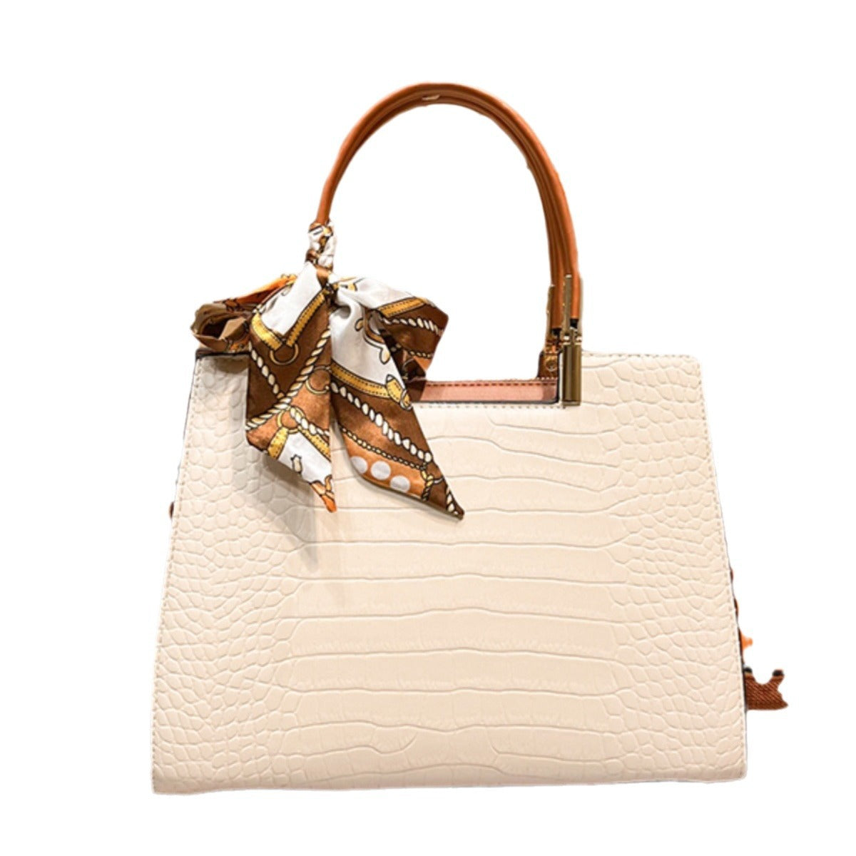 Crocodile Embossed Top Handle Handbag with Scarf