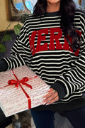Black Stripe Contrast MERRY Letter Christmas Print Drop Shoulder Sweatshirt