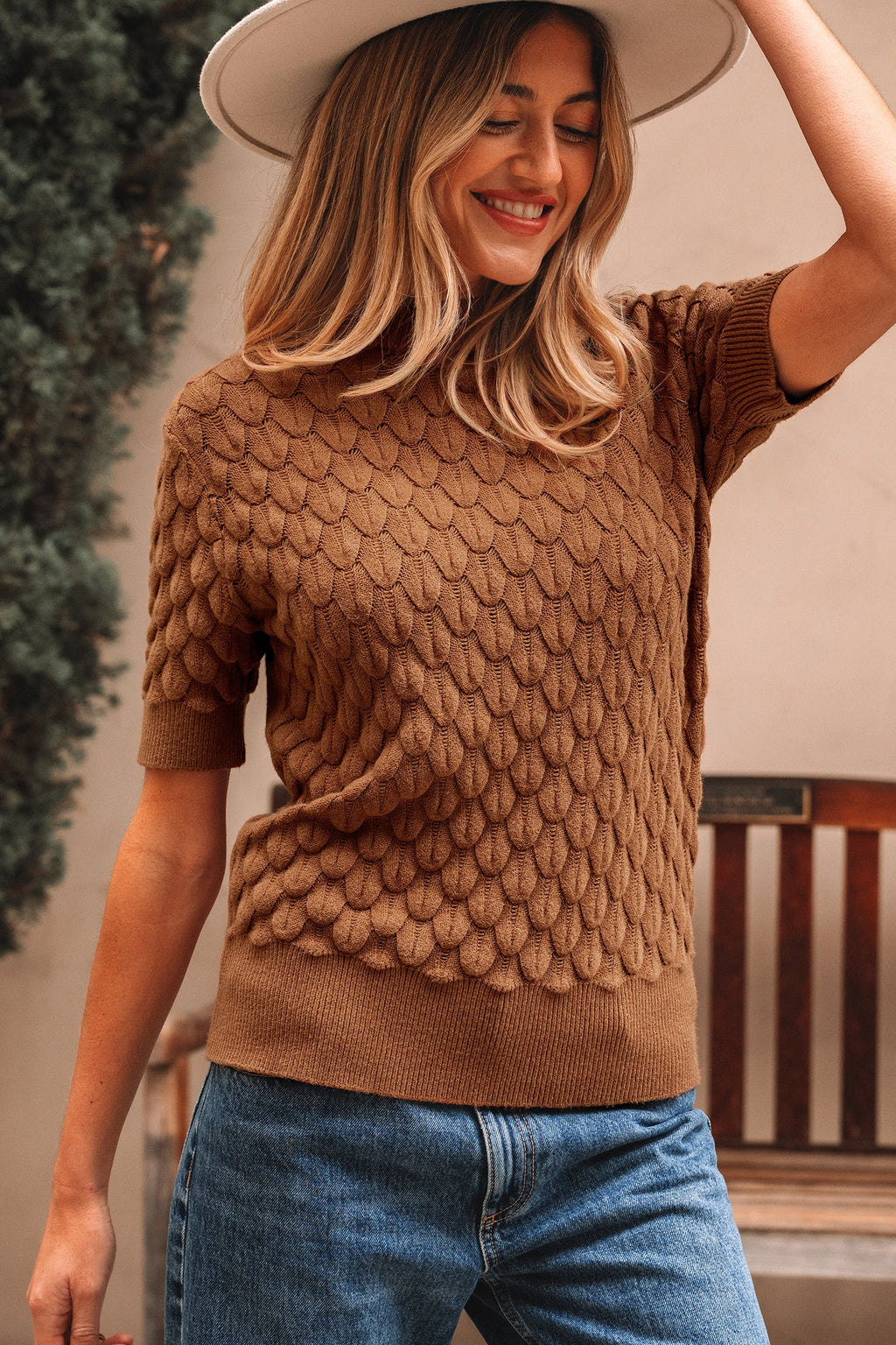 Straw Yellow Fish Scale Textured Knit Ribbed Crew Neck Short Sleeve Sweater