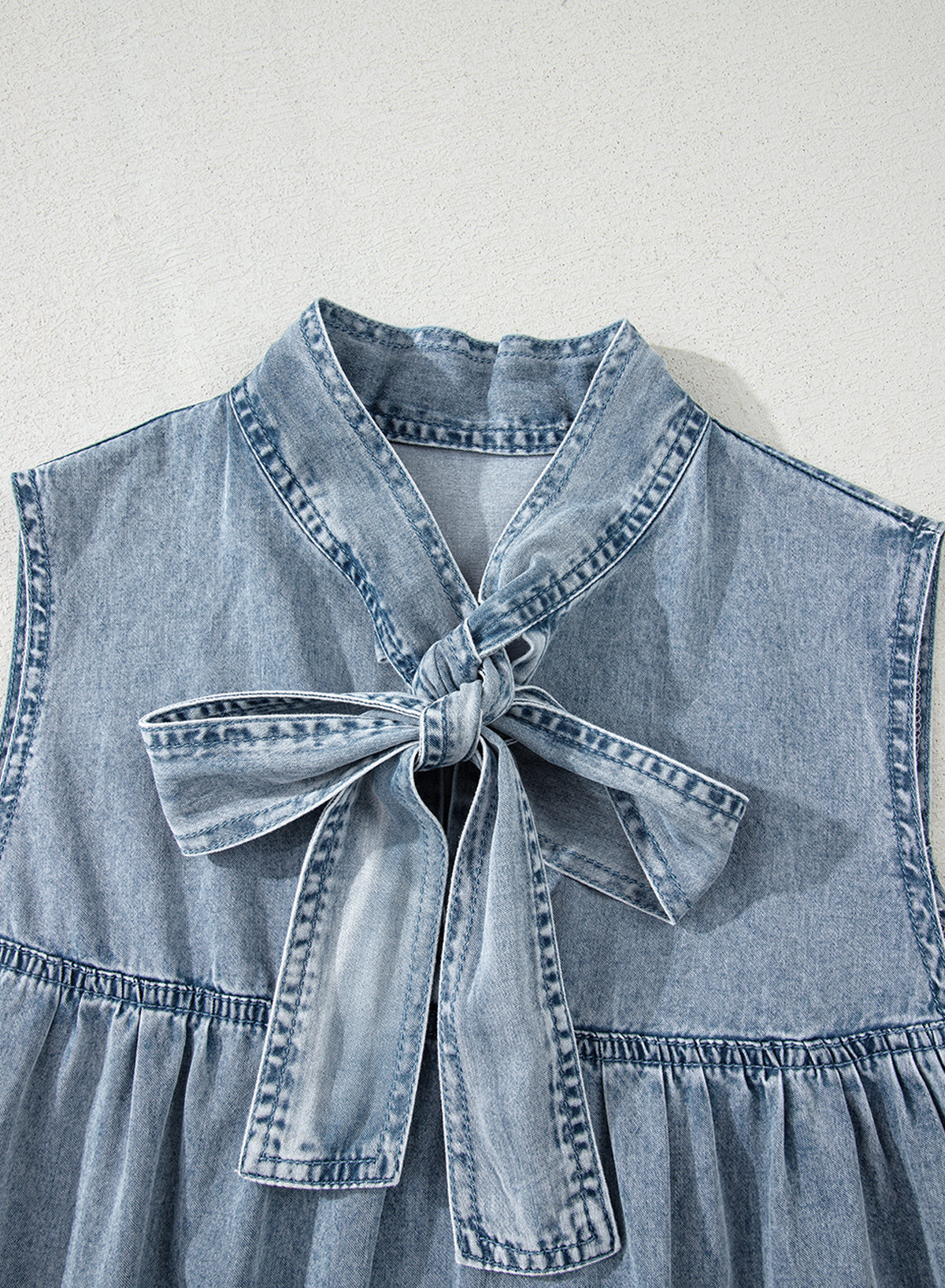 Chambray Bow Neck Sleeveless Ruffle Dress
