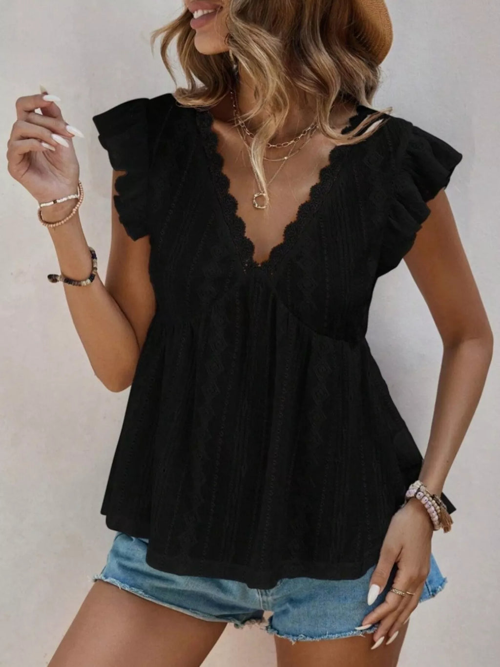 Ruffle Sleeve V-Neck Blouse
